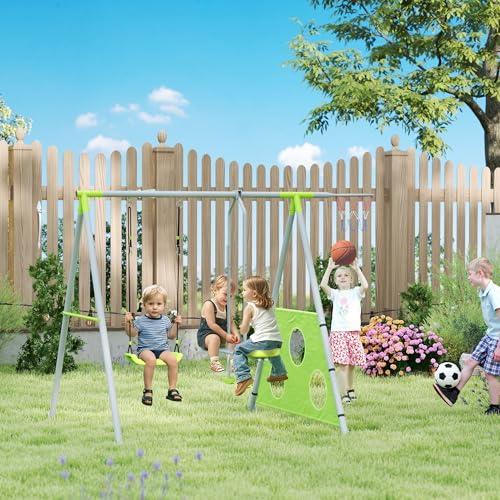 Aiyaplay Set Altalene Da Giardino 4 In 1 Per Bambini 3-8 Anni Con 2 Altalene, Canestro Da Basket E Porta Da Calcio, Altalena Doppia Per Bambini, Telaio Ad A In Metallo Per Uso Esterno, Carico 135Kg - 2