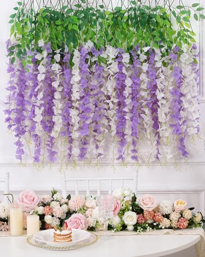 Waipfaru Paquete de 12 flores colgantes de glicina blanca y morada, 3.6 pies/pieza, flores artificiales de glicinia, guirnalda de flores de glicina falsas, vides colgantes para dormitorio, boda,
