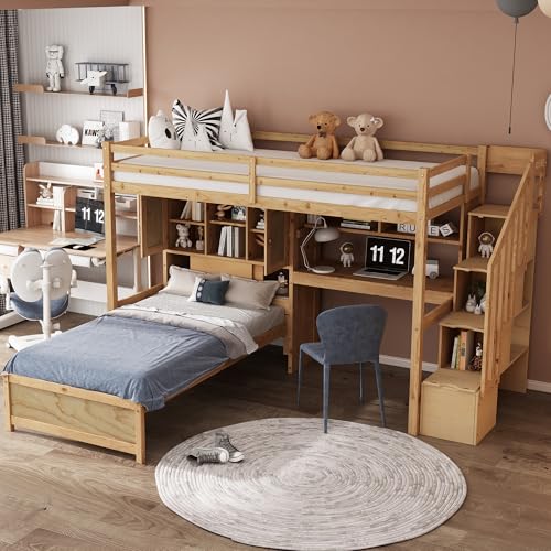 KT Rolster Twin Over Twin Loft Bed with Built-in Desk and Staircase, Wooden Bunk Bed Twin with Storage Compartments, Shelves, Safety Guardrail for Kids, Boys, Girls, No Box Spring Needed, Natural