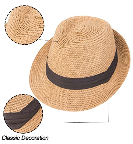 Kids Straw Sun Hat Summer Beach Short Brim Fedora Hat With Decorative Belt（Fit 5-10 Y） Khaki #TOP4