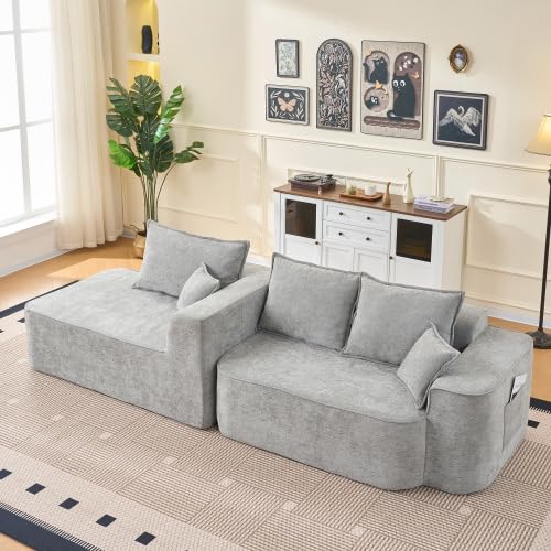 Canapé d'angle en forme de L avec méridienne - Sans montage - Assise basse XXL - Canapé modulaire - Boneless Cloud Couch en chenille - 262 cm - Gris
