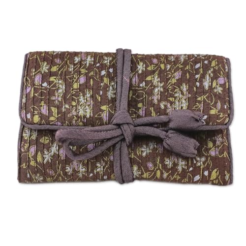 NOVICA Floral Silk Jewelry Roll, Brown, 'Fashion Garden'