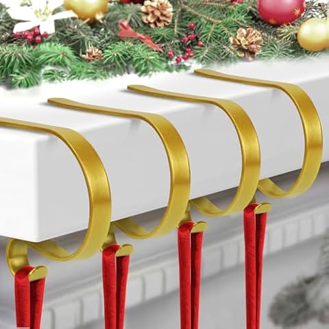 ZYSUN Christmas Stocking Holder,4 Pack Stocking Holders for Mantle,Non-Slip Stocking Holders for Christmas Decorations,Lightweight Stocking Hangers for Mantel Fireplace with Adjustable Design,Gold Cover