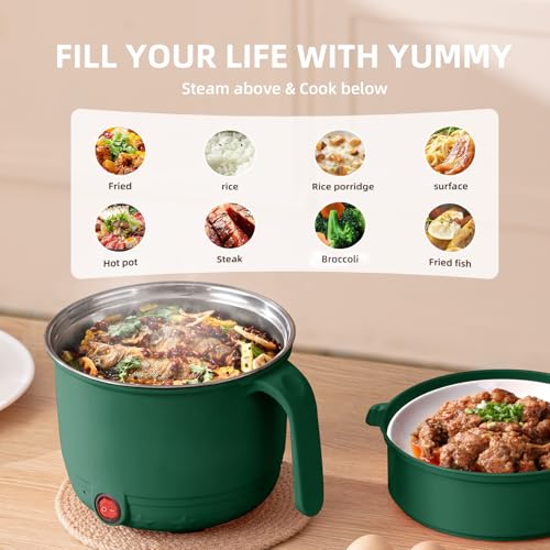 Image of Electric Cooking Pot with Steamer 1.5L | Multi-Function Mini Cooker | Non-Stick Inner | Travel Friendly Kitchen Appliance (Green, With Steamer)