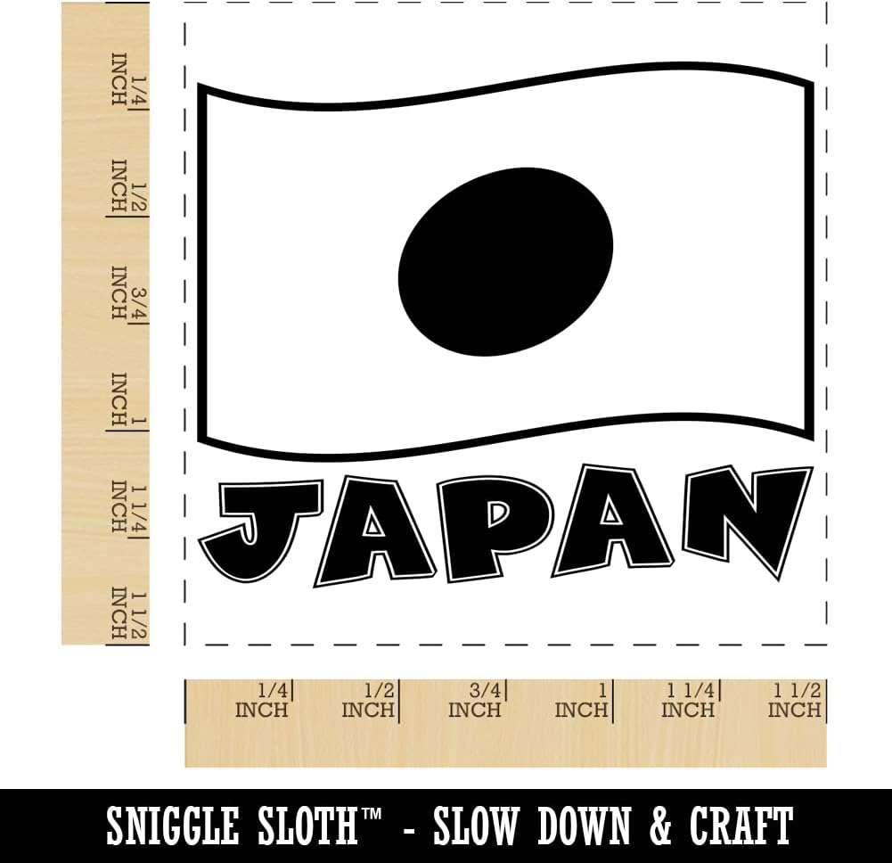 Japan with Waving Flag Cute Self-Inking Rubber Stamp Ink Stamper - 1-1/2 Inch Large - Red Ink
