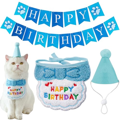 SSKHE Sombrero de cumpleaños y pañuelo para gatos y perros, ropa bandana y accesorios para perros pequeños y gatos, mini sombreros de fiesta para animales de juguete, traje de gatito, regalo para