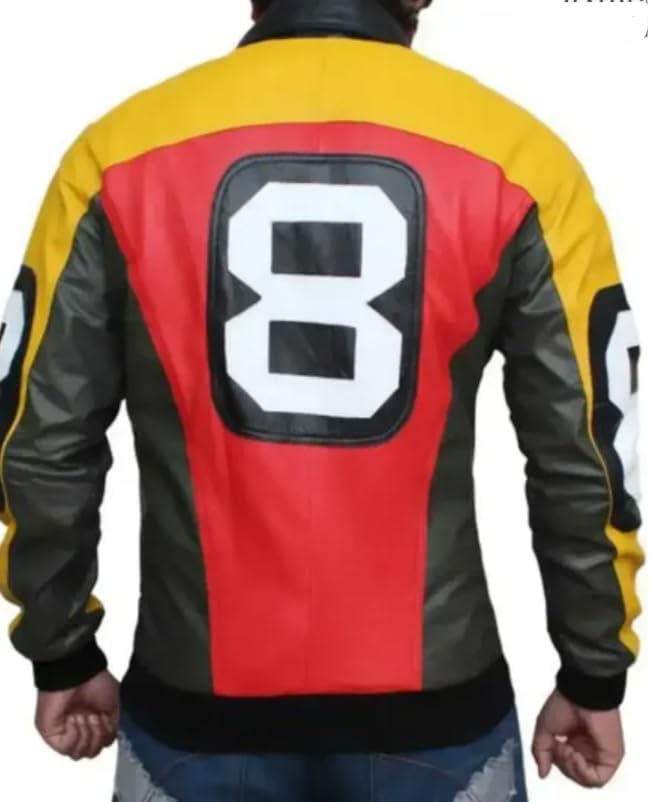 8 Ball Pool Leather Bomber Jacket, Retro 90s Style, Red Yellow Black Color Block, Men's Biker Jacket