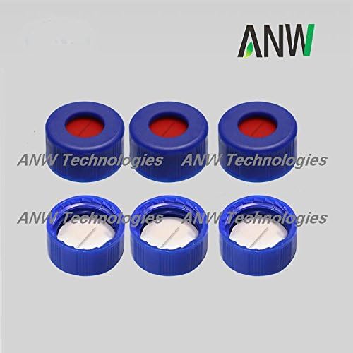 ANW HPLC LC Pre-Slit 9-425 Screw Thread Vial Caps, 9 mm, PTFE/Silicone Septa, Blue, Polypropylene, 6 mm Central Hole, 100 pcs/pk
