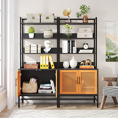 Tribesigns 74 Inches Black Bookshelf With Doors, Large Tall Bookcases With Storage Cabinet, Wood Bookshelf With Rattan Cabinet, Vintage Multifunctional Bookshelve For Home Office, Living Room, Garage #TOP3