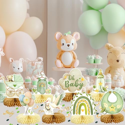 Image of 8Pcs Bear Baby Shower Decorations Honeycomb Centerpieces for Boy, Confetti Baby Shower Table Decorations Birthday Party Table Centerpieces Toppers Party Decor (Green)