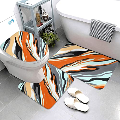 ARLTTH Badematte Mit Marmorstruktur, 3-teiliges Badezimmerteppich, Rutschfester Und Weicher, Saugfähiger Polyester-Teppich, U-förmiger Konturteppich Und Toilettendeckelbezug (orange marmoriert)