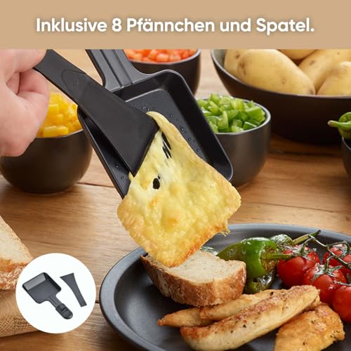 Foto von Severin Raclette-Grill, mit großer Grillplatte, Keramik- & Antihaftbeschichtung, 8 Raclette Pfännchen & 8 Spatel, Tischgrill für bis zu 8 Personen, 1.400 W Leistung, schwarz, RG 9670