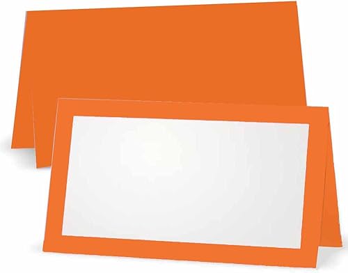 Orange Place Cards - Flat or Tent - 10 or 50 Pack - White Blank Front with Border - Placement Table Name Seating Stationery Party Supplies -