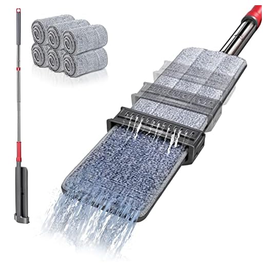 MASTERTOP Mocio Piatto in Microfibra con Strizzatore Integrato, Mop Autostrizzante da 36cm con Testa Girevole a 360°, Mocio in Piedi per la Lavapavimento con 6 Tamponi in Microfibra (Grigio)