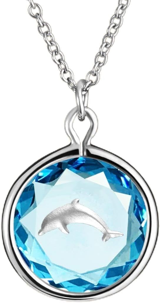 Necklace or Charm in Swarovski Crystal with Enameled DOLPHIN Engraving in Sterling Silver or Yellow-Gold-Plated-Silver