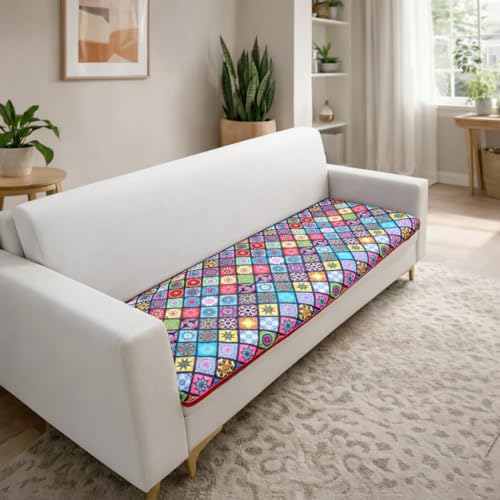 Image of Homerz Premium 1 Seater Velvet Sofa Panel Cover with Digital Prints | Anti-Slip Backing (Mandala, 1 Seater)