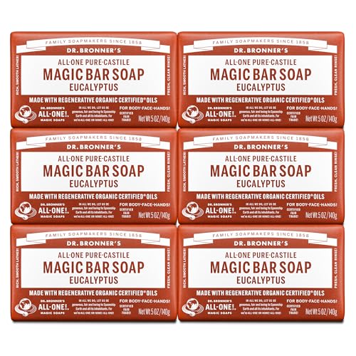 Dr. Bronner’s Pure-Castile Magic Soap Bars (Eucalyptus, 5 oz, 6-Pack)- Made with Regenerative Organic Certified Oils for Face, Body & Hair – Gentle, Vegan- Bar Soaps for Men & Women