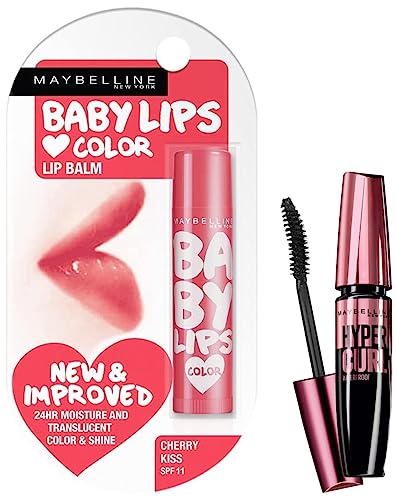 Image of Maybelline New York Baby Lips Glossy Lip Balm, Cherry Kiss, 4G And New York Hypercurl Mascara Waterproof, Black, 9.2Ml
