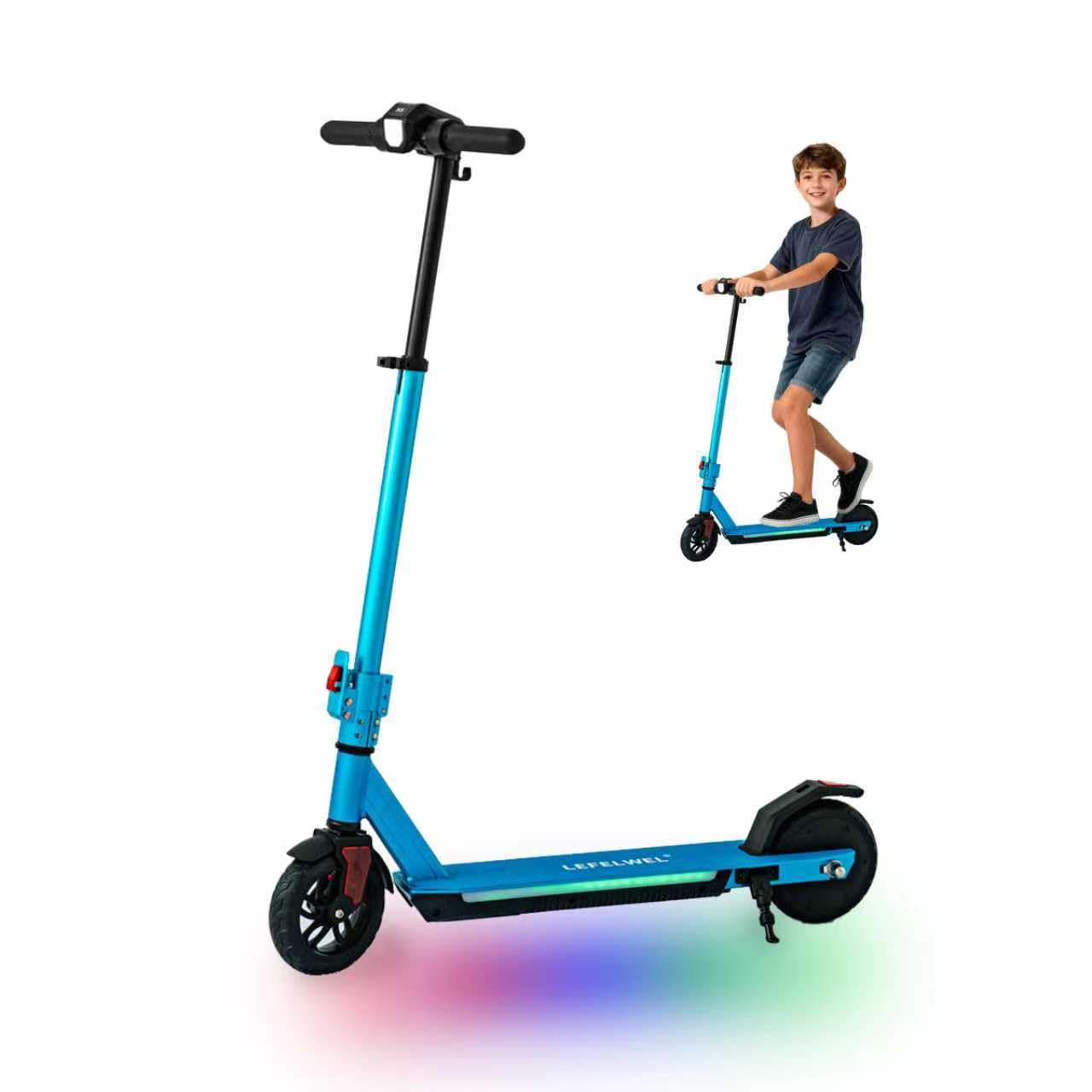 electric scooter for kids ages 6-12, 150w motor, 4/7/11 mph, 60 mins ride time, adjustable speed, led display, colorful lights, electronic brake, foldable kids electric scooter