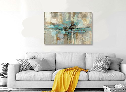 Decor Well - Large Size Abstract Grey Teal Canvas Wall Art Painting Print, Ready To Hang #TOP1