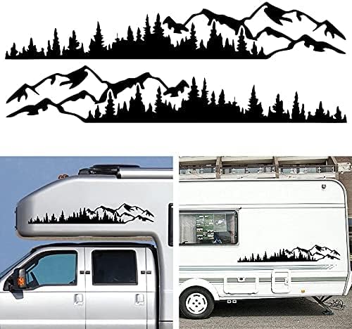 Wilove 2 Pcs Universal Vinyl Trees Mountain Forest Graphic Stickers Body Window Bumper Decals for RV, Caravan, Car, Truck (39.3 x 6.7in), Black