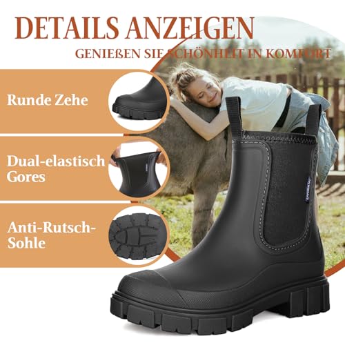 Gummistiefel Damen Wasserdicht Boots，Halbhohe Regenstiefel Chelsea Mit Rutschfest Sohle Modische Schlamm Outdoor Arbeit Stiefel Für Damen