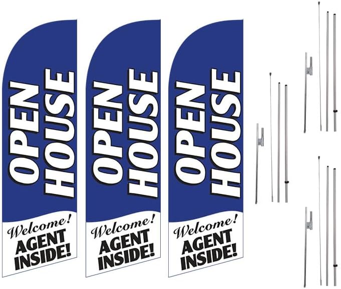 FFN 3-Pack Open House (blue) 6ft Feather Banner Flag with 8ft Kits, Includes Flag Poles, and Ground Stakes, Outdoor Yard Lawn Signs for Real Estate Agents