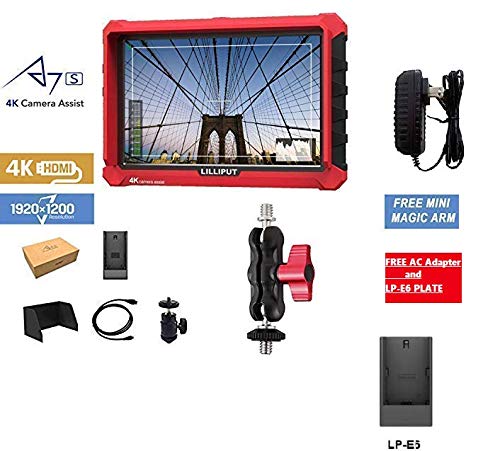 LILLIPUT7 inch A7S 1920x1200 IPS On Camera Monitor with 4K HDMI Input Output Field Monitor for DSLR and Mirrorless Cameras with Free Gifts:Mini Magic Arm Mount + LP-E6 Plate+ 12V AC Adapter …