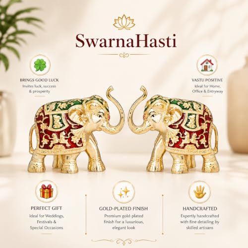 Image of Elephant Idol | Gold Plated Elephant Idol | Gajalaxmi Showpiece for Home & Office | Vastu, Good Luck, Gifts for House Warming Ceremony and Home Decoration - New (3 inch) 2 pcs