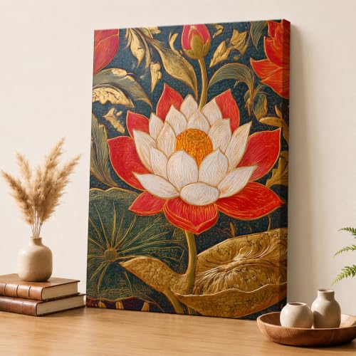 Image of PAINTINGMANTRA Traditional Indian Textured Embossed Lotus Canvas Wall Art Painting for wall decoration, Red & Gold Blooming Lotus Motifs Stretched Canvas Painting for living room, bedroom, Home and office, 16x22 Inch