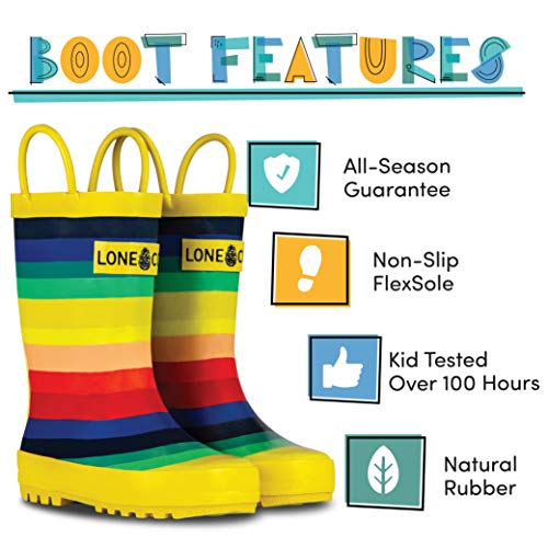 LONECONE Rain Boots with Easy-On Handles in Fun Patterns for Boys and Girls, Play-Proof Flexible Rubber, Durable Non-Slip Treads, Kid-Friendly for Hours of Joy - Chasing Rainbows, 4 Toddler