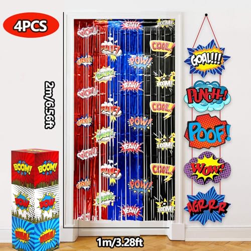 Image of Hero Foil Fringe Curtains Backdrop Birthday Party Decorations, 4 Pack 3.28 x 6.56 Ft Red Blue Black Foil Fringe Curtain Tinsel Streamer Photo Booth Props Hero Themed Birthday Party Supplies Favors