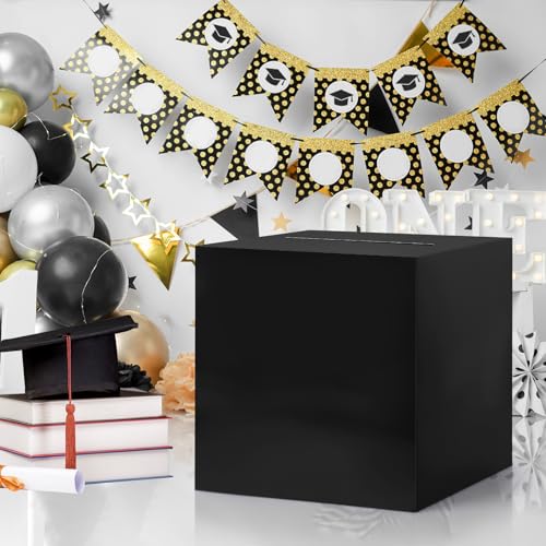 Hooqict Black Card Box Holder with Slot 10\" Wedding Grad Gift Card Box for Party Reception, Graduation, Birthday, Retirement, Raffle Ticket Money Envelope Holder - Thumbnail 6