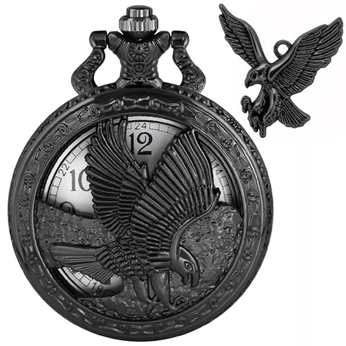 Tiong Vintage Eagle Pattern Design Pocket Watch and Pendant,Classic Black Quartz Pocket Watches with Chain for Men Father's Day Birthday Graduation