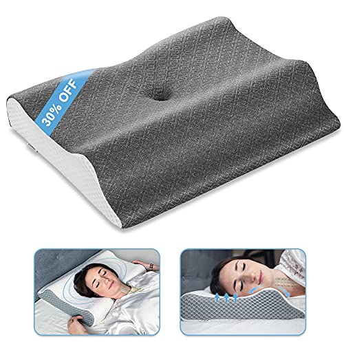 Elviros Cervical Pillow for Neck Pain, 2 in 1 Memory Foam Contour Supports Sleeping Pillows for Side, Stomach, Back, Sleepers, Ergonomic Orthopedic Traction for Shoulder Pain Relief (Dark Grey)