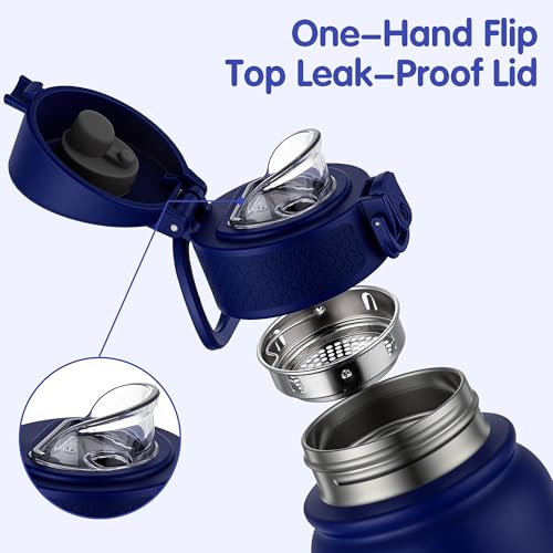 Image of GOPPUS Kids 12oz Insulated Stainless Steel Water Bottle, Leakproof Vacuum Tumbler with Carry Handle, Fits Cup Holders, Reusable Water Bottle for School Outdoor, Boys & Girls(Dark blue)