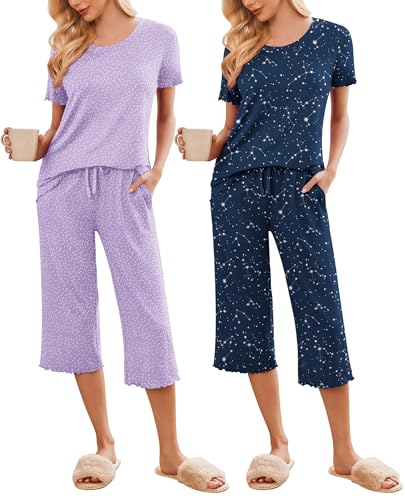 Image of Ekouaer 2 Pack: Women's Pajamas Set Short Sleeve Sleepwear Capri Pants Pjs Soft Loungewear with Pockets