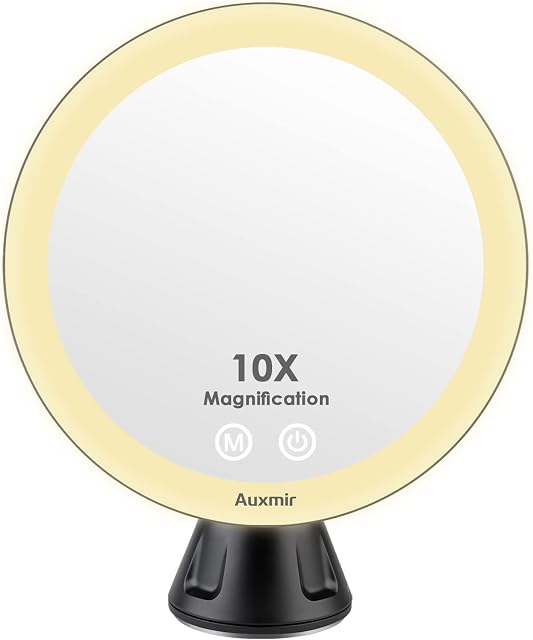 Auxmir Rechargeable Magnifying Mirror with Light, 10X Magnification Makeup Mirror with LED & Suction, 360° Rotating Mirror with 3 Brightness for Bathroom, Dressing Table, Desk, Bedroom, Black