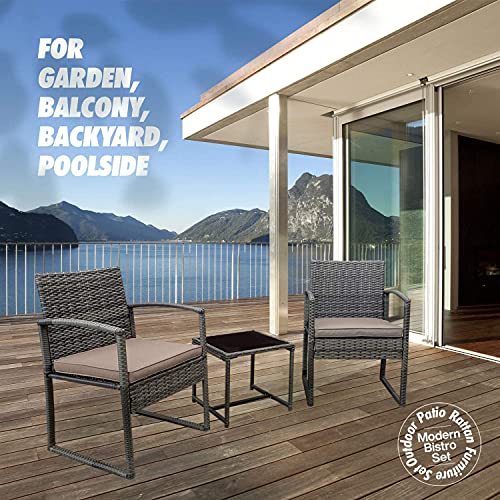 Pyramid Home Decor Black Wicker Furniture - 3 Piece Bistro Set For Outdoor Conversation - 2 Cushioned Rattan Chairs With Glass Coffee Table For Patio, Lawn, Porch, Lounge, Deck, Balcony & Living Room #TOP6