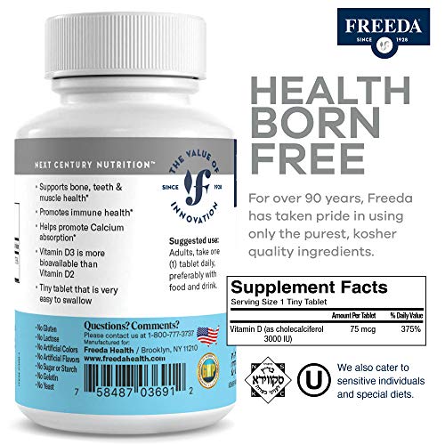 Freeda Vitamin D3 - 3000 Iu - Pure High Potency Kosher Supplement Tablets - Bone And Muscle Health, Calcium Absorption, Immune Support For Men And Women* - 250 Count #TOP3