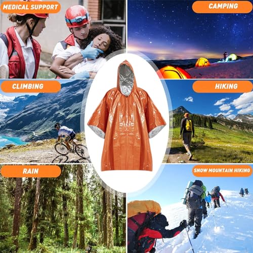 Image of Emergency Poncho with Mylar Lined Hood, Reflective, Thickened Double Sided, 90% Heat Retention, Orange, Ultralight Outdoor Survival Blanket for Men, Women, Adults, Camping, Hiking