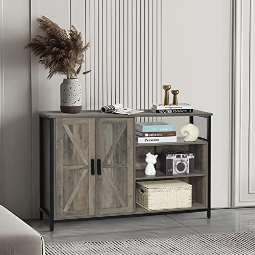 Weenfon Floor Storage Cabinet, Buffet Storage Cabinet With 2 Barn Doors, Industrial Sideboard With Adjustable Shelves, Buffet Table For Dining Room, Living Room, Kitchen, Rustic Oak #TOP6