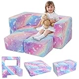 MeMoreCool Glow in the Dark Kids Couch – Modular Fold-Out Toddler Sofa (Rainbow) | Convertible Play Couch for Bedroom & Playroom; Chair, Bed, Fort or Ball Pit; Machine-Washable Velour Cover