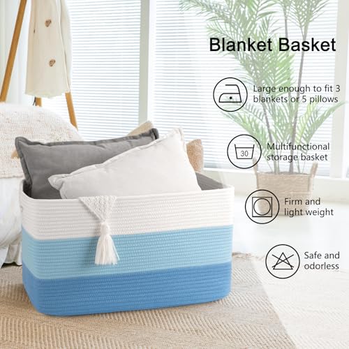 Image of OIAHOMY Large Blanket Basket, 22 inchx17 inchx12 inch Rectangle Woven Baskets, Nursery Blanket Storage Living Room, Toy Storage With Handle, Large Baskets for Organizing-Gradient Light Blue