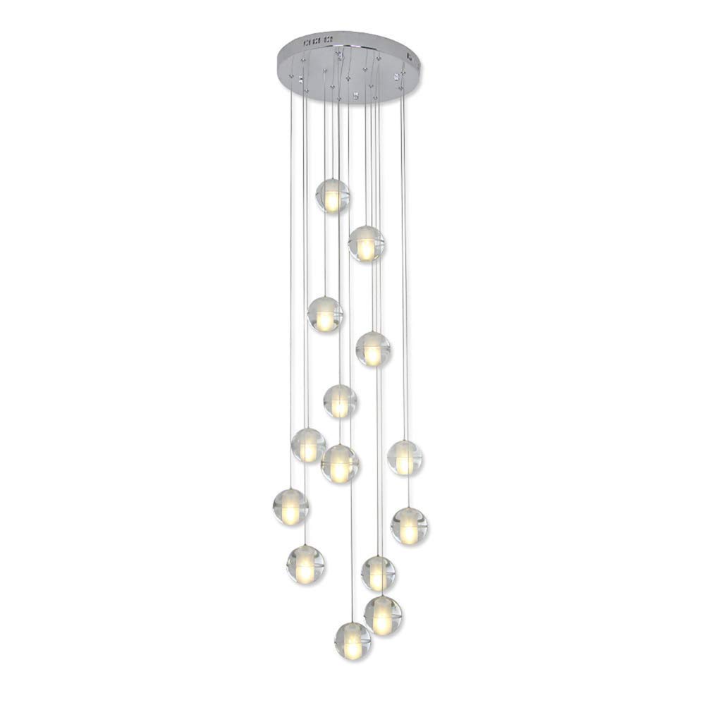 LHSUNTA 14 Heads Crystal Ball Pendant Light, Modern Drop Chandelier Adjustable Hanging Lamp Ceiling Lighting For Living Room Spiral Staircase Hall,Cool White-G4 42W