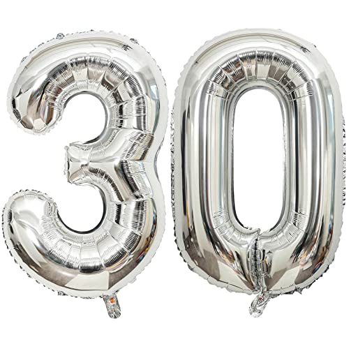 Image of 40 Inch Silver 30 Number Balloons Giant Jumbo Huge 30 Foil Mylar Helium Number Digital Balloons Silver Birthday Mylar Digital Balloons Dirty 30th Birthday Party 30th Anniversary Events Party