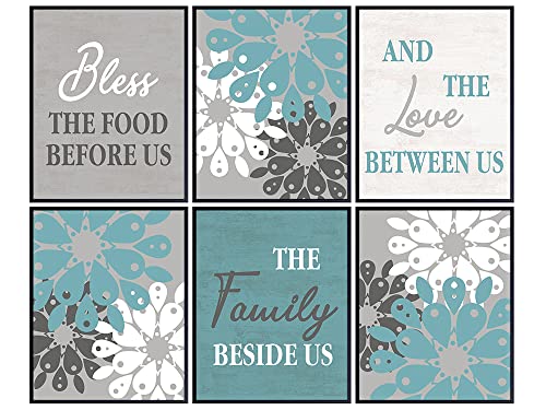 Eating Room, Kitchen Decor – Bless the Meals Earlier than Us Signal – Teal Blue Wall Artwork Set – Classic Type House Decor – Reward for Cooks and Cooks – Nice Engagement, Anniversary or Birthday Reward for Ladies