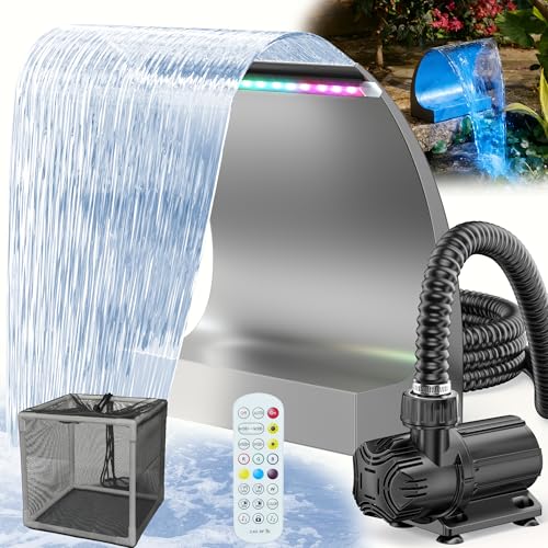 POPOSOAP Pond Waterfall Spillway with LED Lights & 1600GPH Pond Pump, 12Inch Pond Spillway Kit for Garden Ponds, Outdoor Water Feature with App & Remote Control for Backyard Landscape Decora
