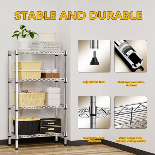 Image of M MZG 1000 lbs 4 Tier Shelf Metal Storage Shelves Wire Rack Closet Organizers for Garage Kitchen Bathroom Laundry Chrome 11.8 inch D x 25.6 inch W x 45.5 inch H