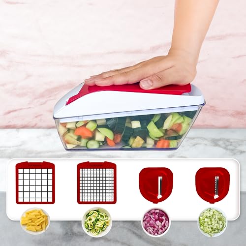 AEX 4-in-1 Vegetable Slicer - Durable food slicer and chopper - Manual Food Chopper with Stainless Steel Blades - Vegetable Chopper and Slicer with Container Including Cleaning Kit (Persian Red) - Image 3